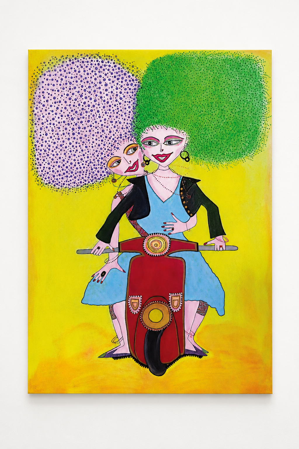 Full Throttle — large original canvas painting of two women riding a motorcycle, 100x150 cm, by Dalia Bar Shalom