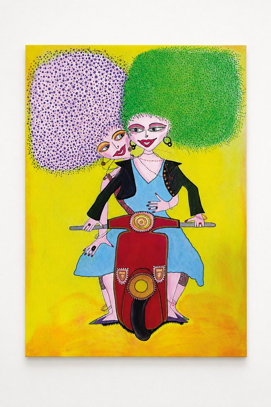 Full Throttle — large original canvas painting of two women riding a motorcycle, 100x150 cm, by Dalia Bar Shalom