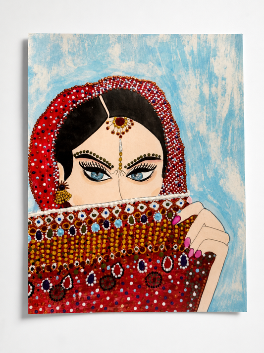 The Veil — original framed painting of a veiled woman with a piercing gaze, 20.5x29.5 cm, by Dalia Bar Shalom