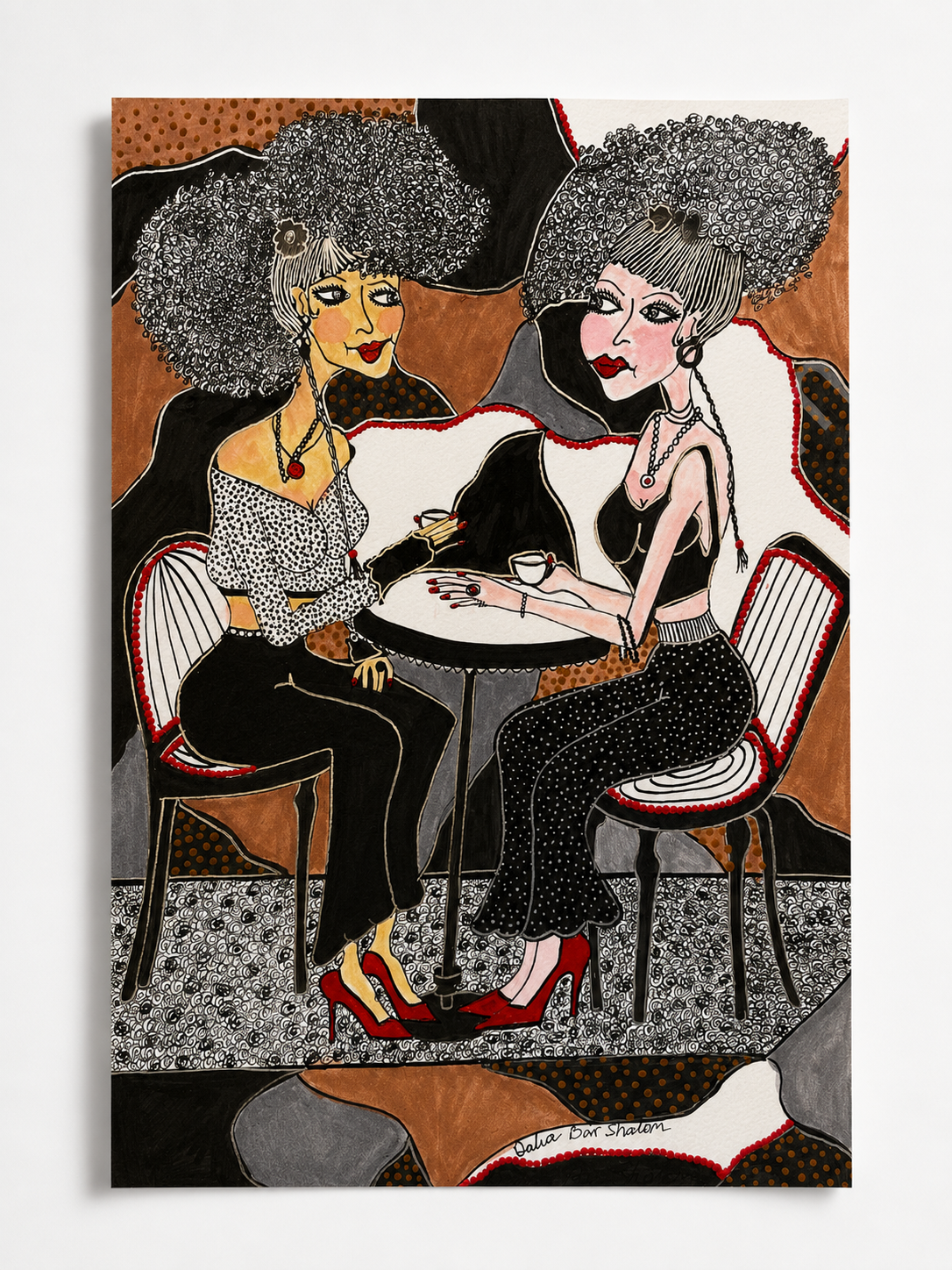 The Meeting — original painting of two women sharing coffee at a table, 20.5x29.5 cm, by Dalia Bar Shalom