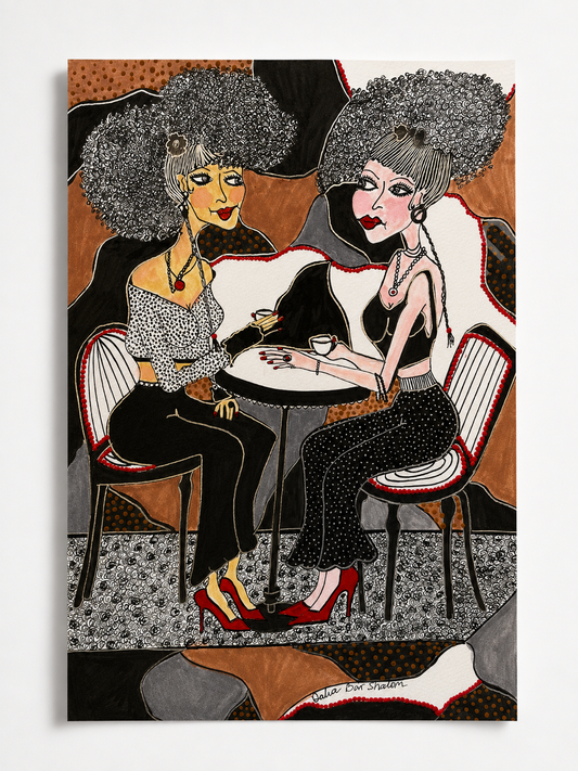 The Meeting — original painting of two women sharing coffee at a table, 20.5x29.5 cm, by Dalia Bar Shalom