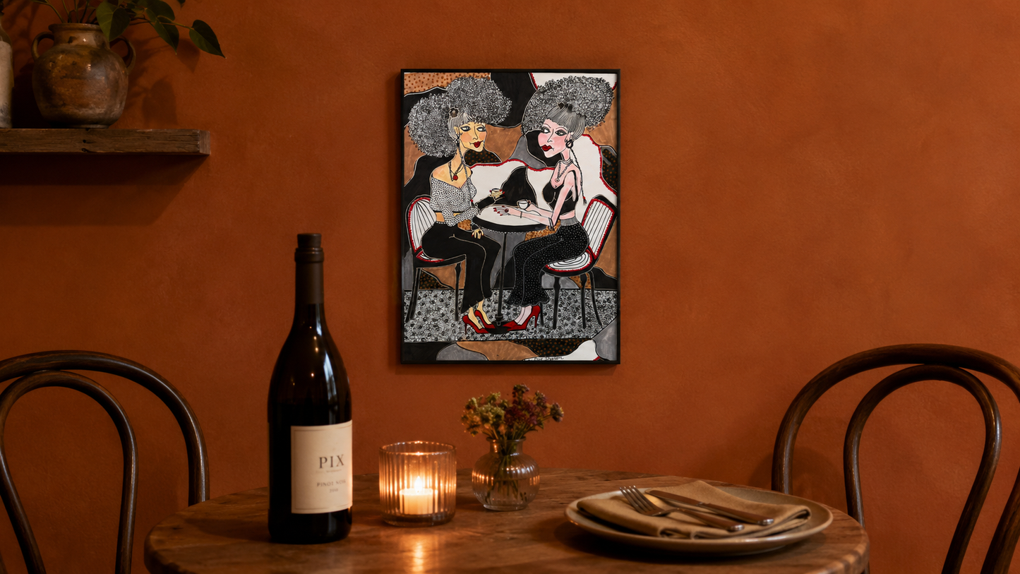 The Meeting by Dalia Bar Shalom shown displayed on a wall in a room setting