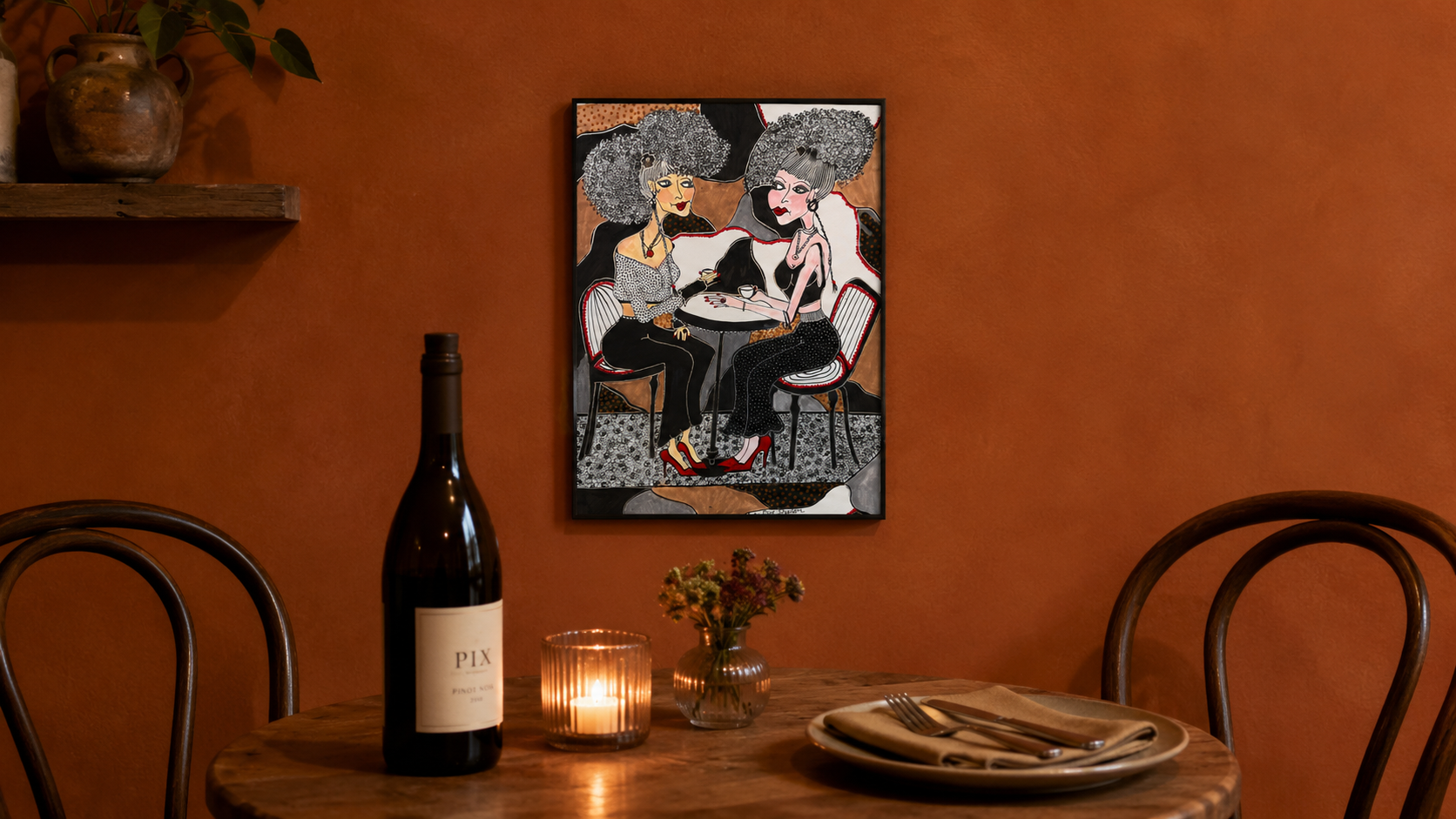 The Meeting by Dalia Bar Shalom shown displayed on a wall in a room setting