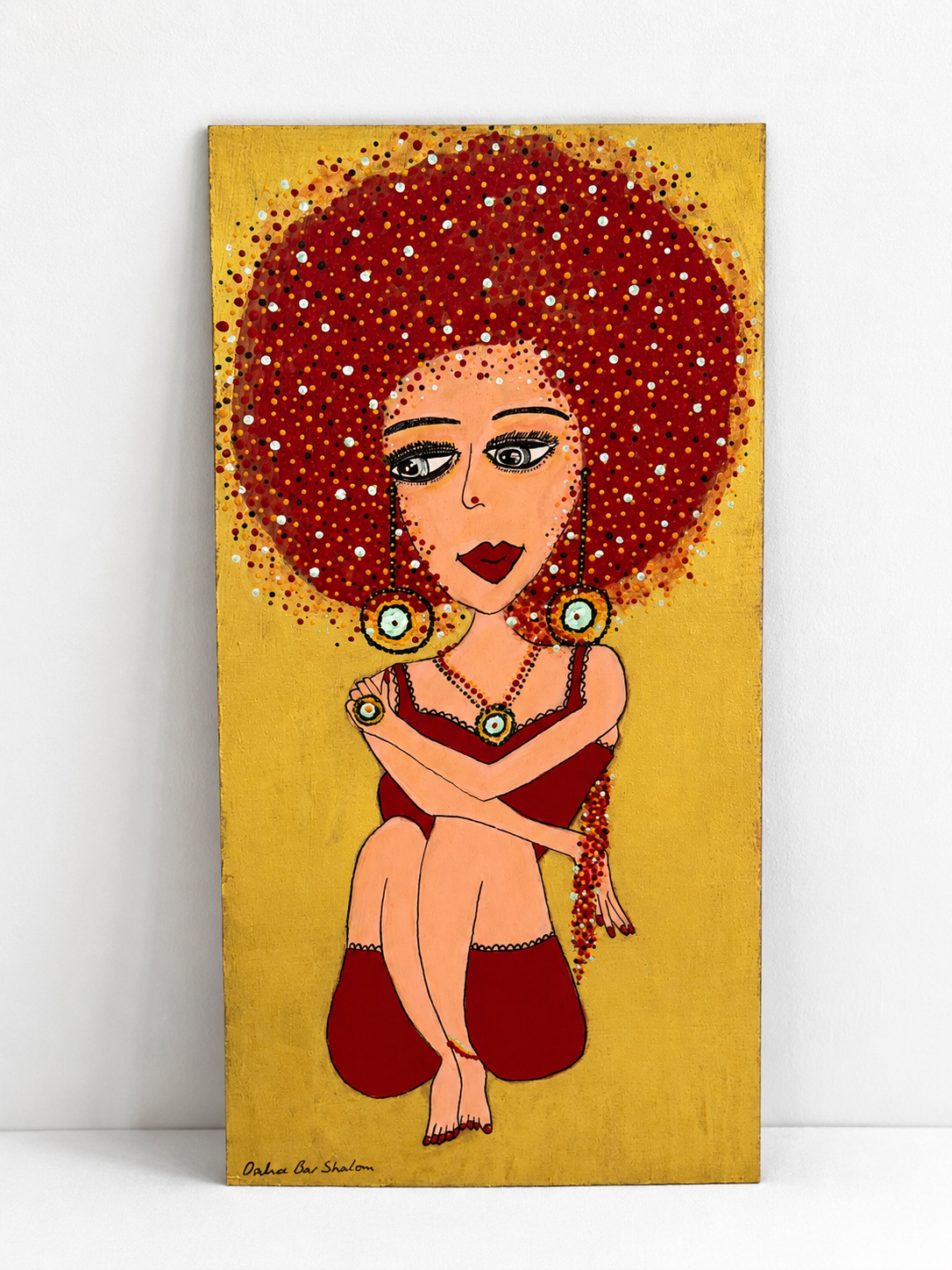 Barefoot & Free — original painting on recycled wood of a barefoot red-headed woman, 20x40 cm, by Dalia Bar Shalom
