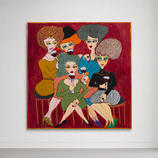 Girls Night — large original canvas painting with glitter of five women with wine glasses, 100x100 cm, by Dalia Bar Shalom