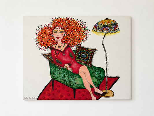In Her Own Light — original canvas painting of a woman in a red dress with a colorful parasol, 30x23 cm, by Dalia Bar Shalom