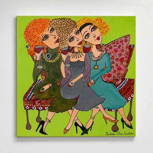 Three's Company — original painting on recycled wood of three women with wine on a green background, 20x20 cm, by Dalia Bar Shalom