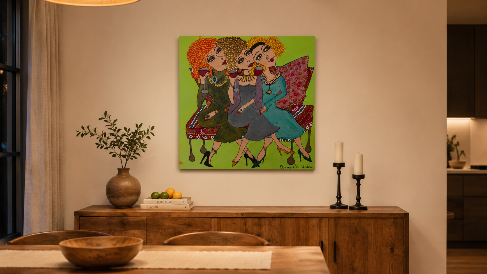 Three's Company by Dalia Bar Shalom shown displayed on a wall in a room setting