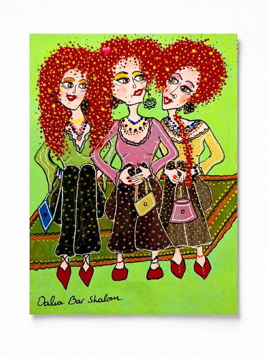 Out Together — original painting on recycled wood of three redheaded women with bags, 20x15 cm, by Dalia Bar Shalom