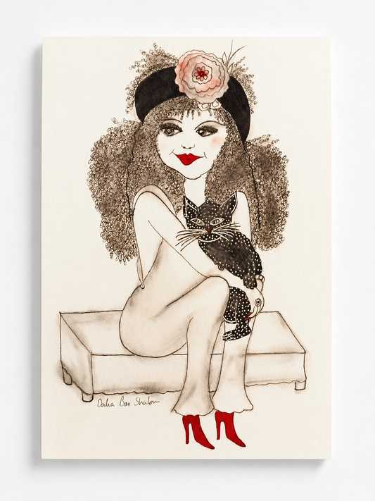 Woman & Cat — original painting of a woman holding a black cat in black, white and red, 21x30 cm, by Dalia Bar Shalom
