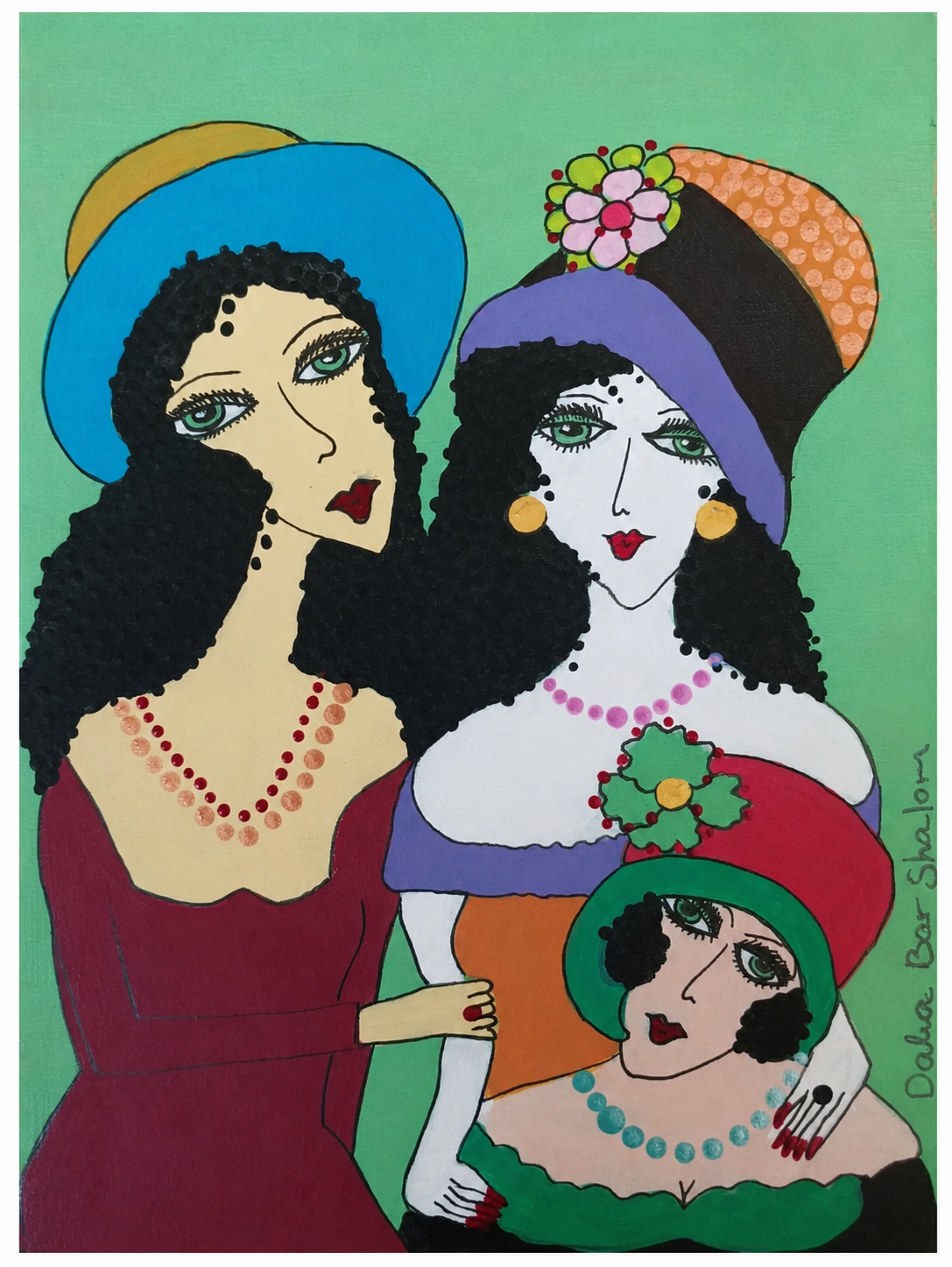 Hat Day — original painting on recycled wood of three women wearing hats, 15x20 cm, by Dalia Bar Shalom
