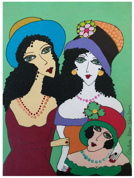 Hat Day — original painting on recycled wood of three women wearing hats, 15x20 cm, by Dalia Bar Shalom