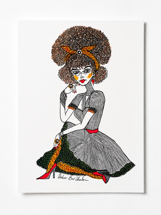 The Stylish One — original painting of a woman with a bold afro and red heels in black, white and red ink, 15x21 cm, by Dalia Bar Shalom