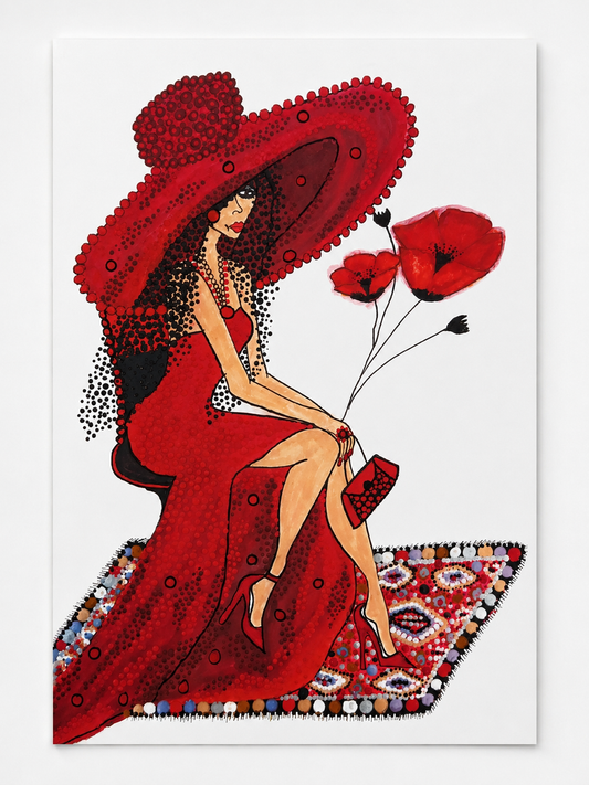 Lady in Poppies — original painting of a woman all in red with three poppies, 20.5x29.5 cm, by Dalia Bar Shalom