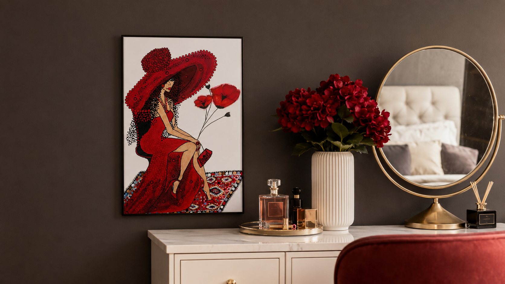 Lady in Poppies by Dalia Bar Shalom shown displayed on a wall in a room setting