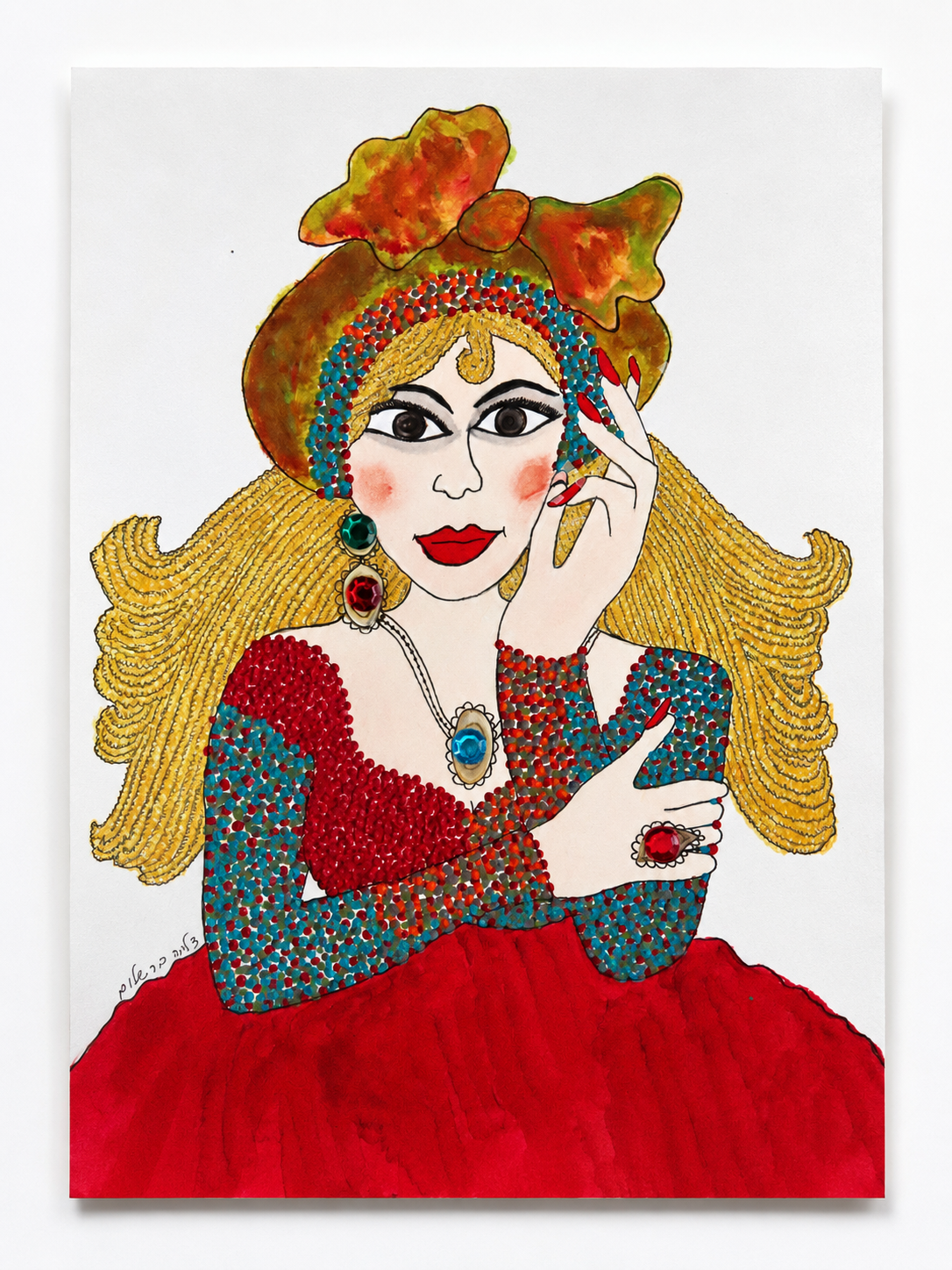 Golden Hour — original painting of a woman with golden hair and a jeweled headdress, 20.5x29.5 cm, by Dalia Bar Shalom