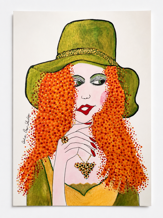 Lost in Thought — original painting of a redheaded woman in a gold and green hat, 20.5x29.5 cm, by Dalia Bar Shalom