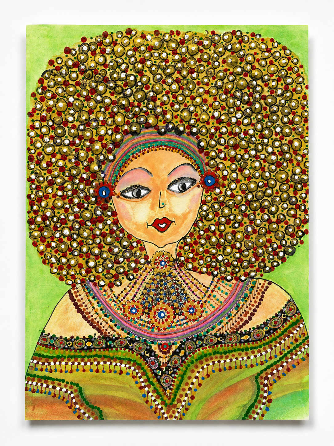 Golden Mane — original painting of a woman with a radiant golden mane of glittering dots, 20.5x29.5 cm, by Dalia Bar Shalom