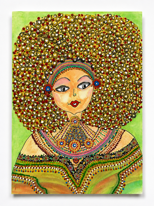 Golden Mane — original painting of a woman with a radiant golden mane of glittering dots, 20.5x29.5 cm, by Dalia Bar Shalom