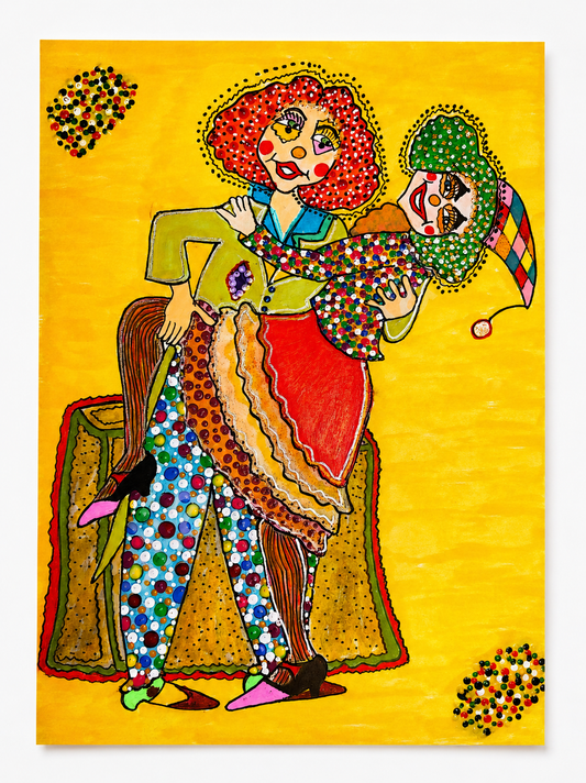 The Dance — original painting of two female clowns dancing on a golden yellow background, 15x21 cm, by Dalia Bar Shalom