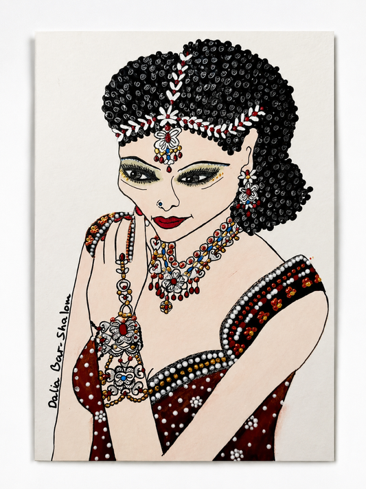 The Bride — original painting of an Indian bride in a crown, jewelry and embroidered sari, 20.5x29.5 cm, by Dalia Bar Shalom