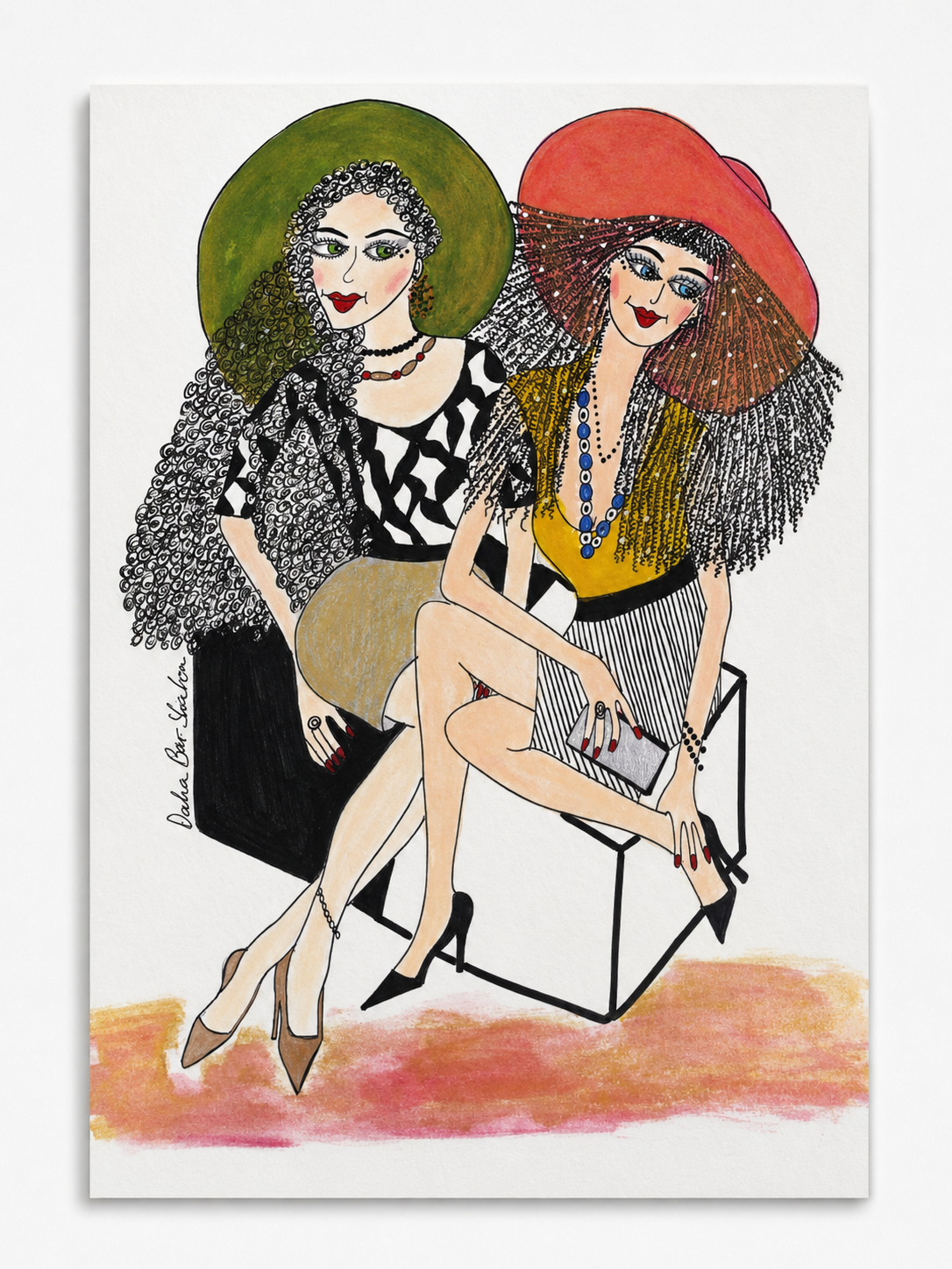 Side by Side — original painting of two women, one in black and white and one in gold, sitting together, 20.5x29.5 cm, by Dalia Bar Shalom