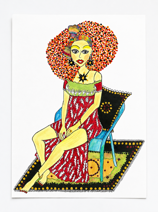 At Home — original painting of a barefoot woman in a red dress on a blue chair, 20.5x29.5 cm, by Dalia Bar Shalom