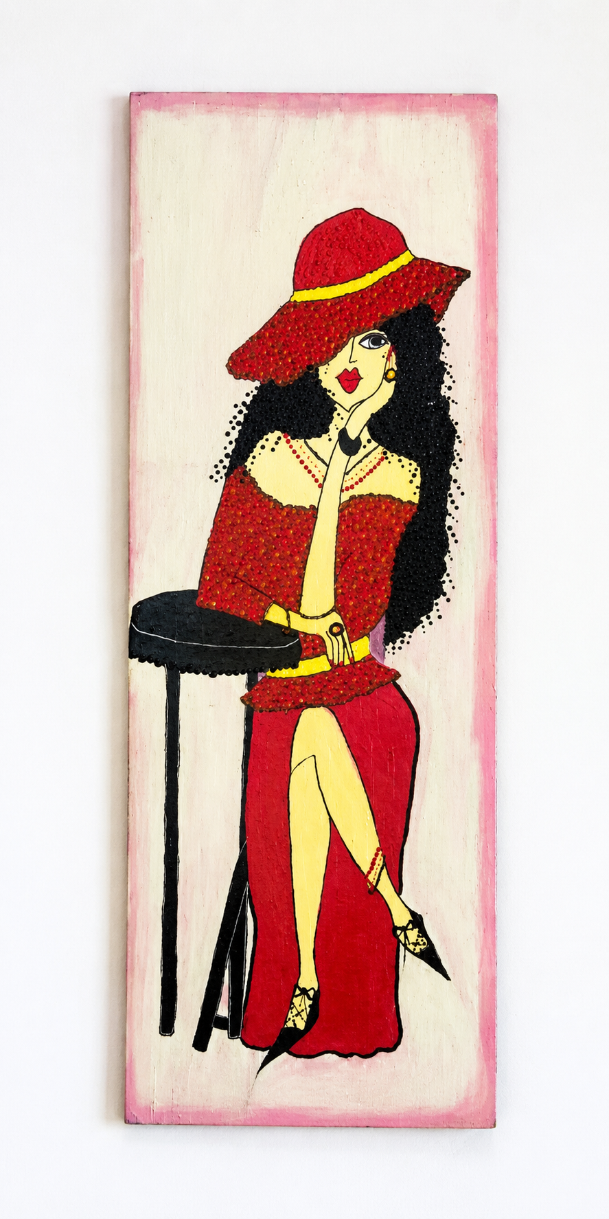 Red at the Bar — tall original painting on recycled wood of a woman in red leaning on a bar stool, 20x40 cm, by Dalia Bar Shalom