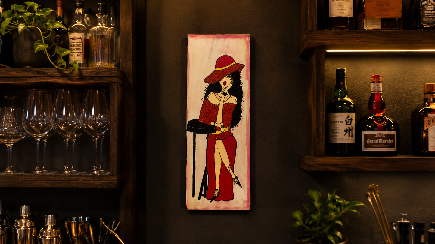 Red at the Bar by Dalia Bar Shalom shown displayed on a wall in a room setting