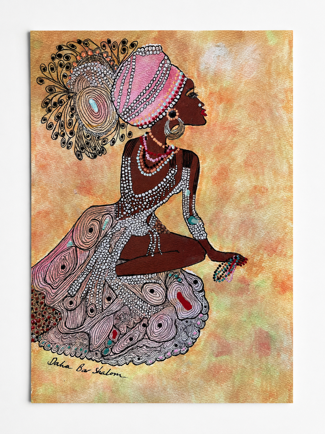 She Who Arrives — original painting of an African woman with elaborate beadwork and sculptural headdress, 29.5x42 cm, by Dalia Bar Shalom