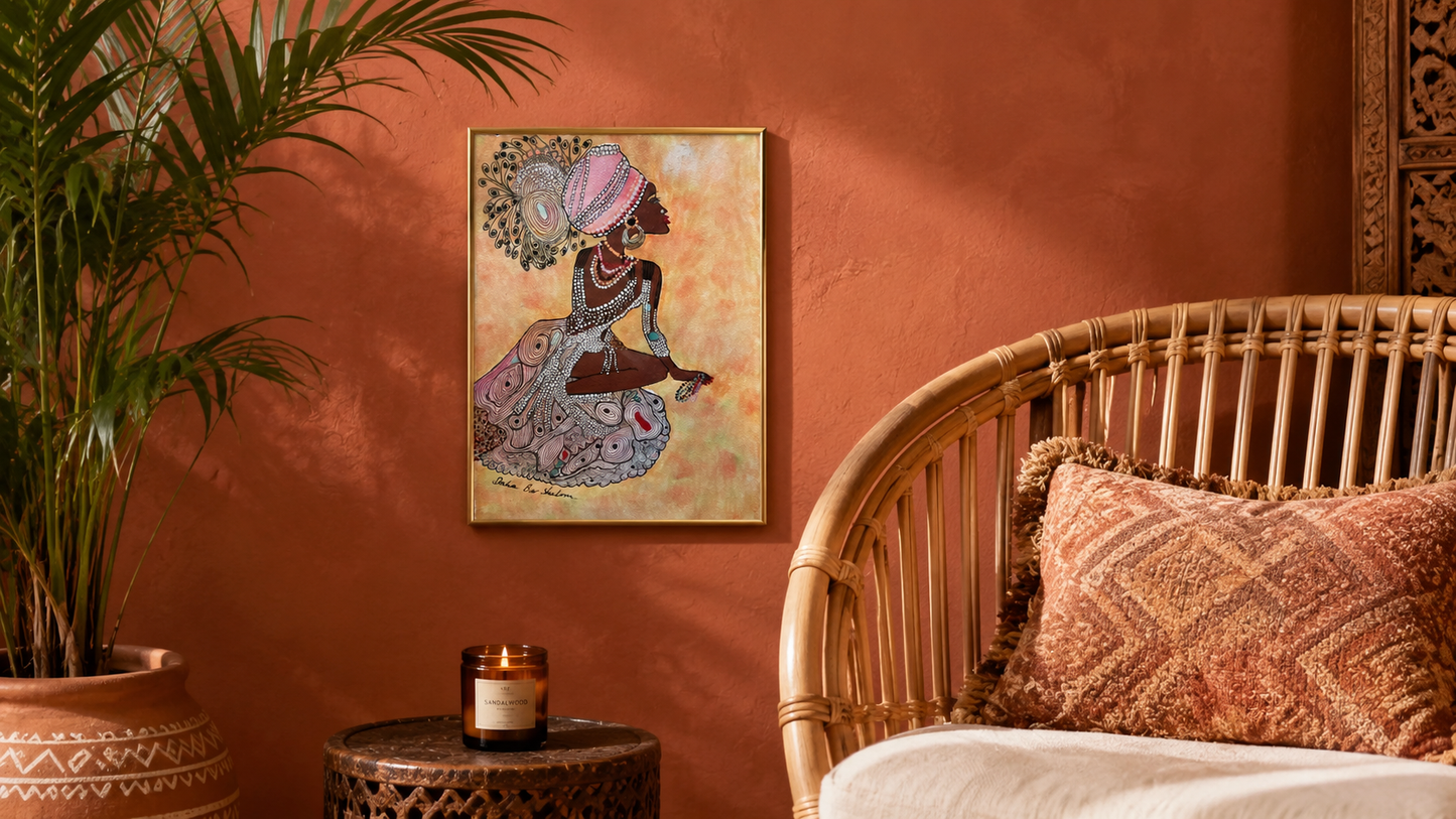 She Who Arrives by Dalia Bar Shalom shown displayed on a wall in a room setting
