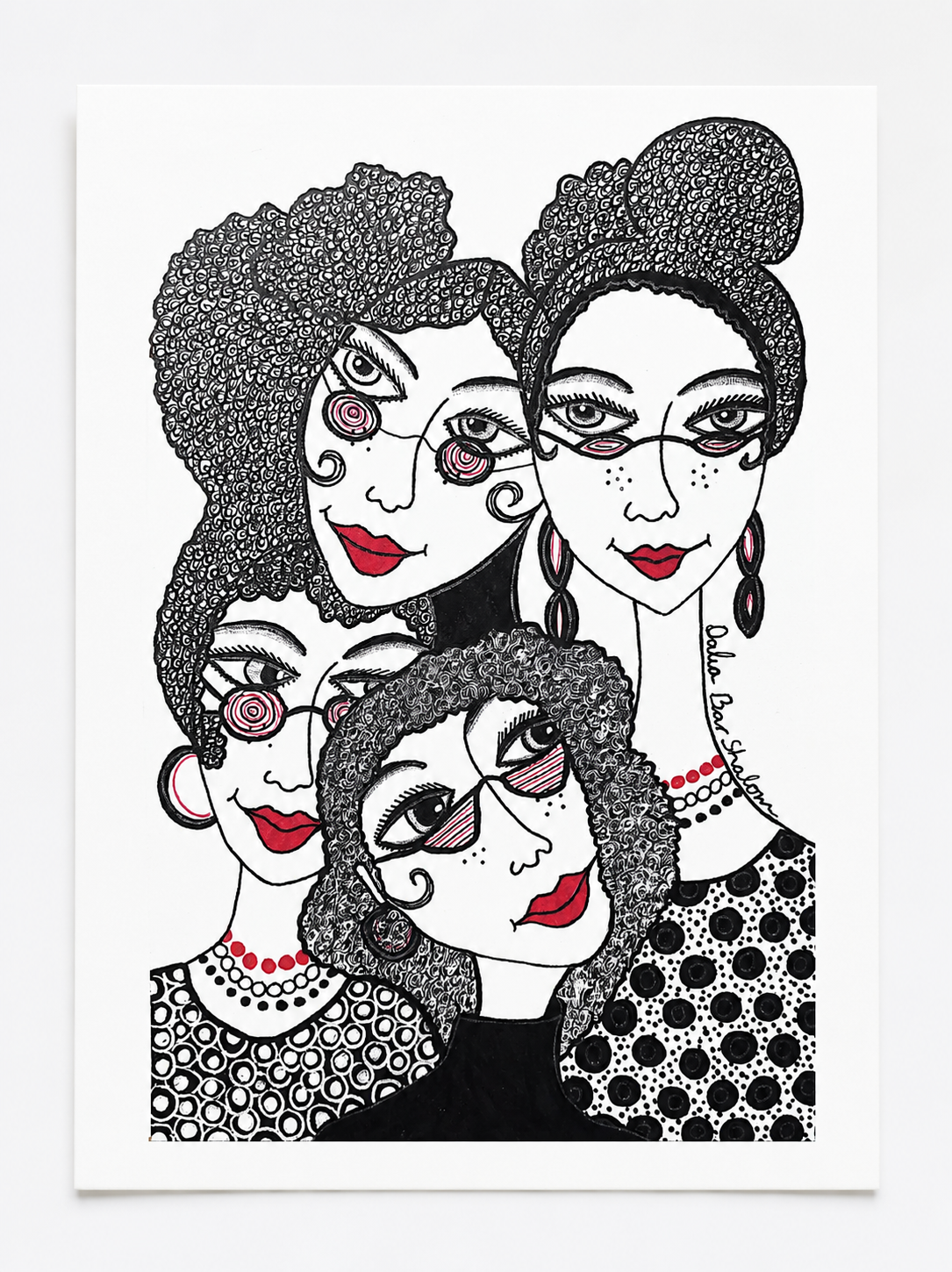 Four — original painting of four women's faces pressed close together in black, white and red, 15x21 cm, by Dalia Bar Shalom