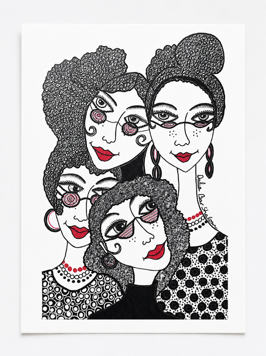 Four — original painting of four women's faces pressed close together in black, white and red, 15x21 cm, by Dalia Bar Shalom
