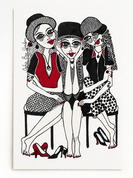 The Bench — original painting of three women in hats on a bench in black, white and red, 15x21 cm, by Dalia Bar Shalom