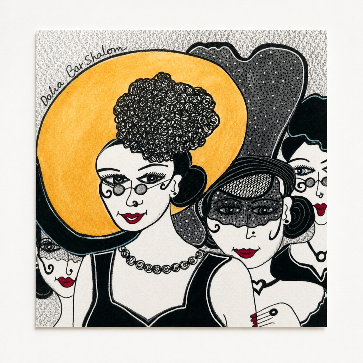 Masquerade — original painting of four women in masquerade masks in black, white and red, 15x21 cm, by Dalia Bar Shalom