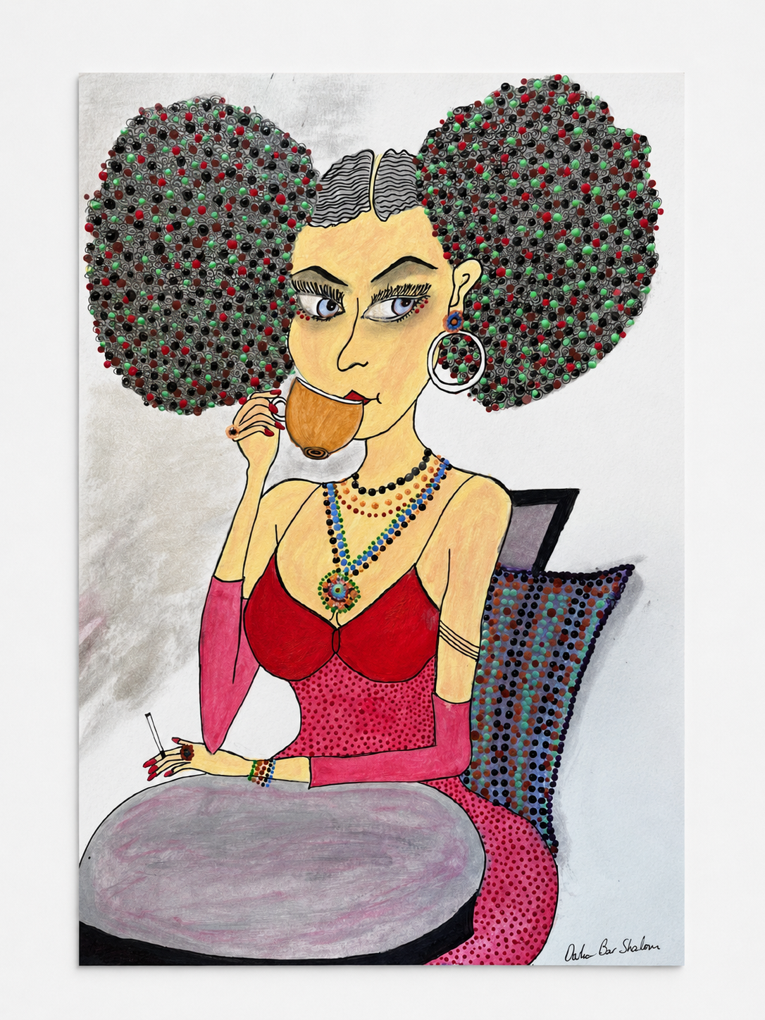 Coffee & Smoke — original painting of a woman with coffee and cigarette built from hand-placed color dots, 29.5x42 cm, by Dalia Bar Shalom