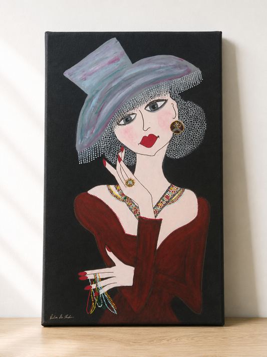 The Lady in Red — original canvas painting of a woman in a crimson dress and wide hat on black, 79.5x40 cm, by Dalia Bar Shalom