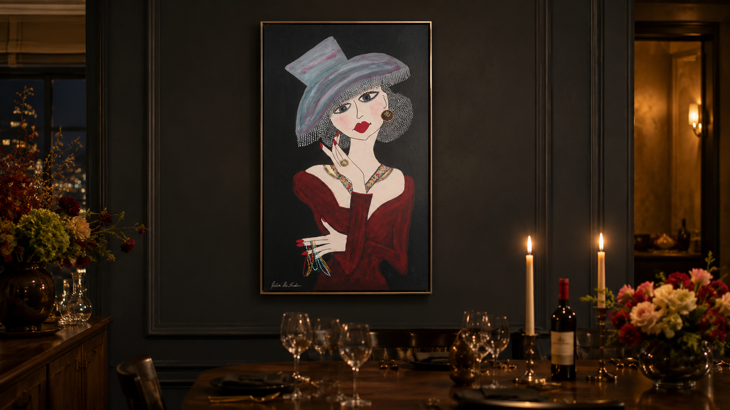 The Lady in Red by Dalia Bar Shalom shown displayed on a wall in a room setting