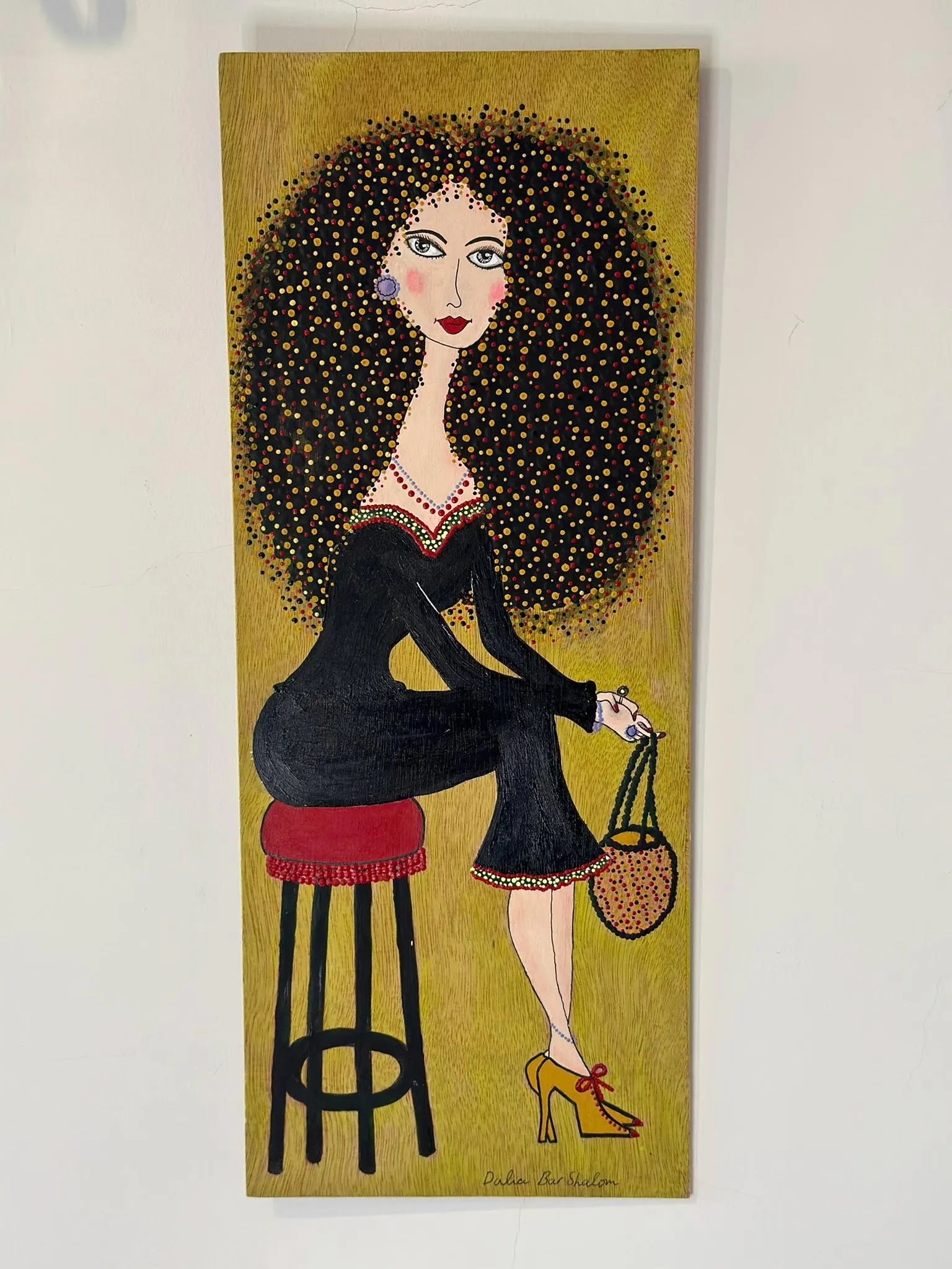Waiting for No One — original painting on recycled wood of a woman in a black dress on a bar stool, 50x20 cm, by Dalia Bar Shalom