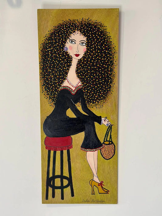 Waiting for No One — original painting on recycled wood of a woman in a black dress on a bar stool, 50x20 cm, by Dalia Bar Shalom
