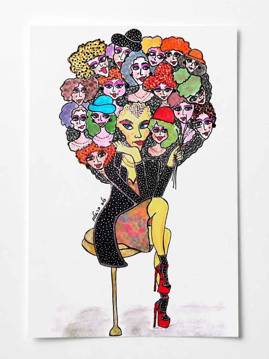 She Contains Multitudes — original painting of a woman with a crowd of women rising from her head, 20.5x29.5 cm, by Dalia Bar Shalom